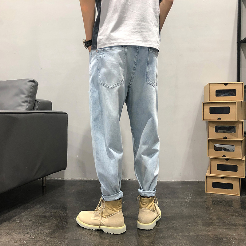 2022 Spring/Autumn new men's straight-leg loose trendy brand ripped patch 9-point light-colored casual Harem jeans Application Scenario
